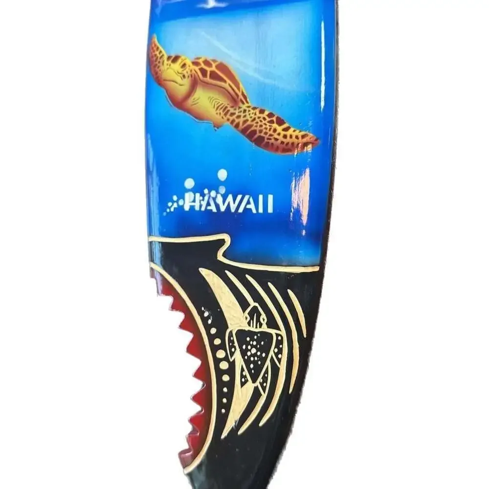 Hawaiian Hand Made 16” Carved Wood Surfboard Engraved Turtle Airbrush Dolphin
